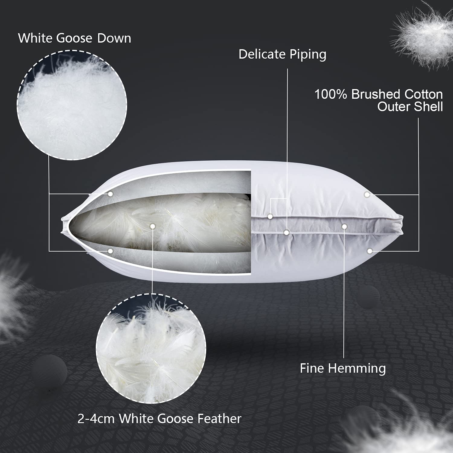 Damome Size: King Down Pillows for Sleeping(2 Pack), King(20inx36in)-White Goose Down Feather Bed Pillow Inserts, 100% Brushed Cotton Cover 40s/2, 233 Thread Count, Lightweight, for All Sleep