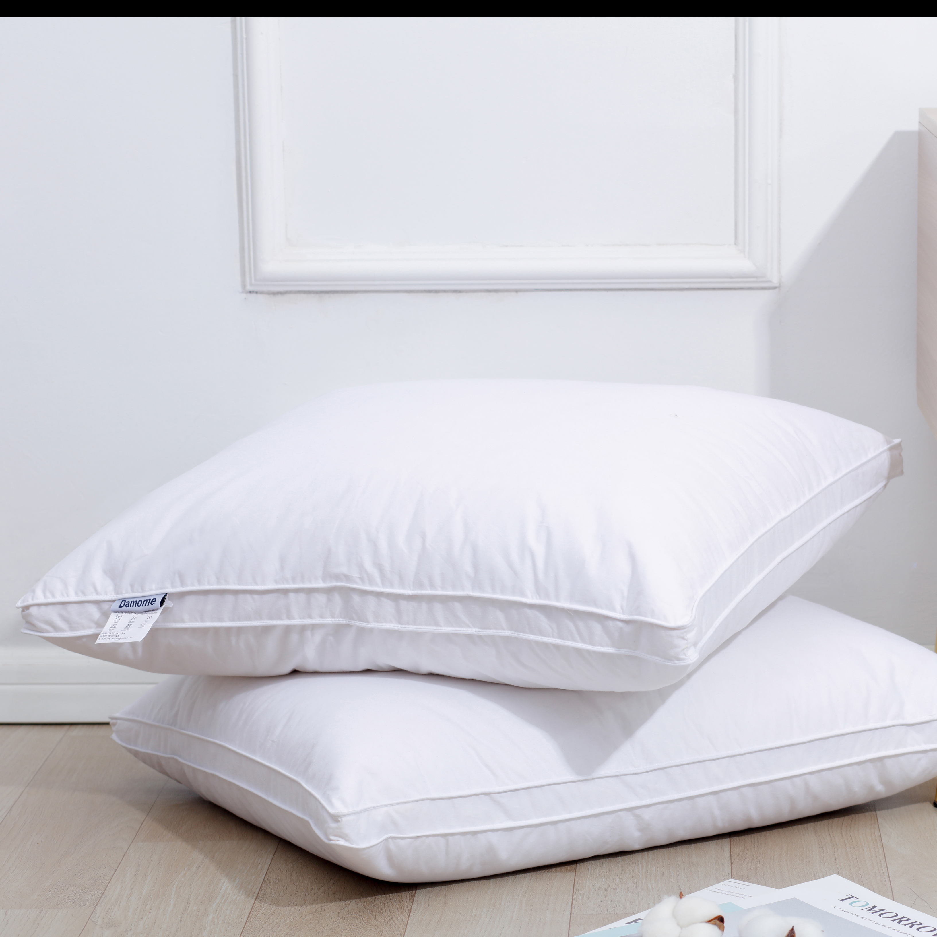 Damome Size: Standard Down Pillows for Sleeping(2 Pack), Standard(20inx26in)-White Goose Down Feather Bed Pillow Inserts, 100% Brushed Cotton Cover 40s/2, 233 Thread Count, Lightweight, for All Sleep